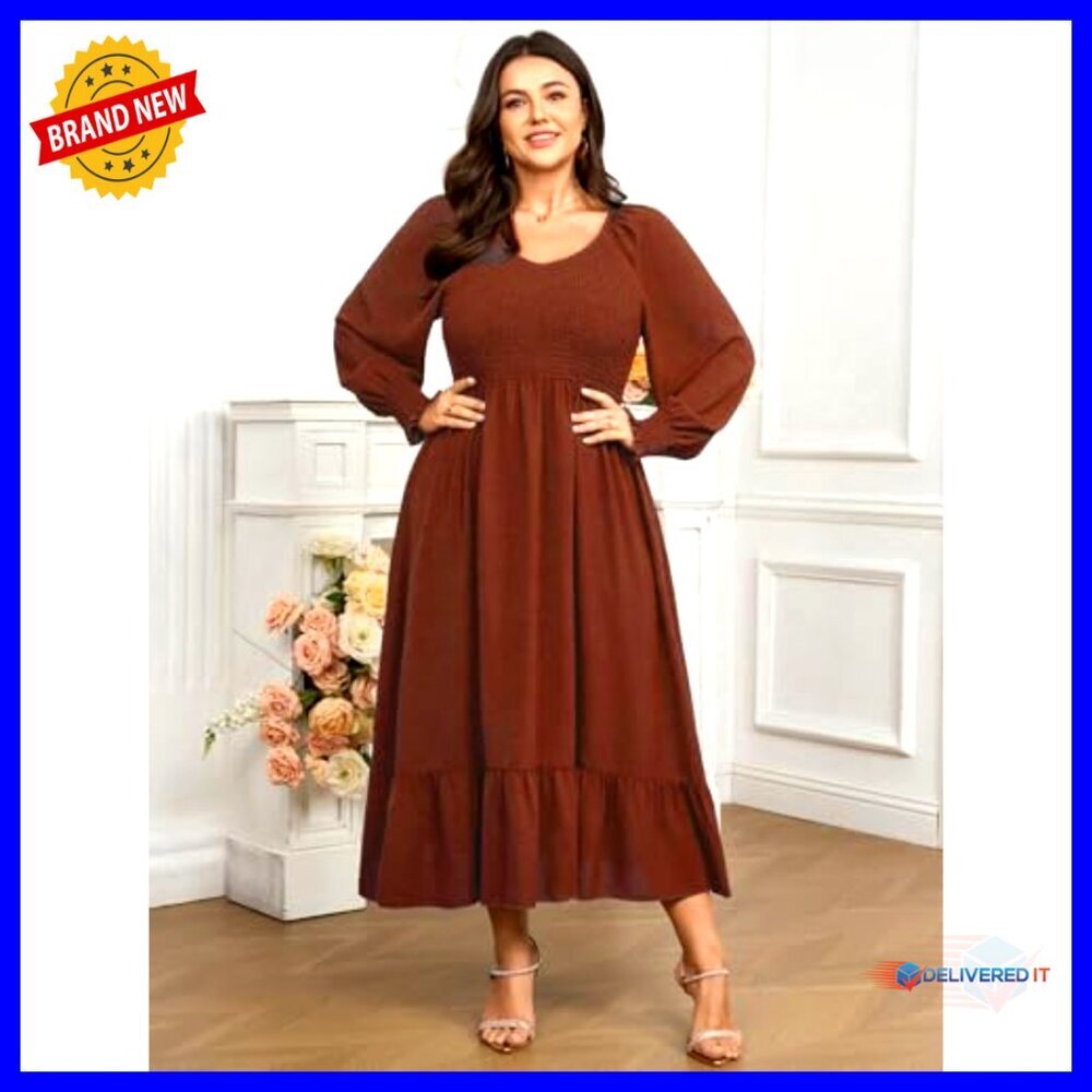Plus Size Maxi Dress Long Sleeve Square Neck Smocked Ruffle Swing Flowy - Picture 6 of 7